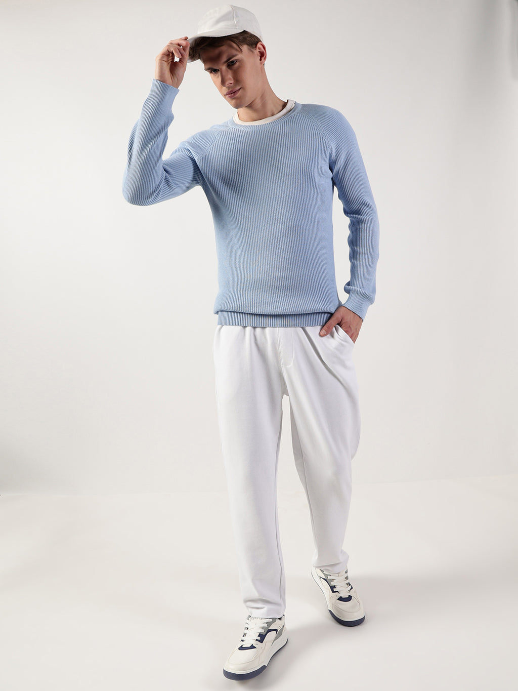 Thomas Scott Men Ribbed Self Design Round Neck Cotton Pullover Ribbed Sweater