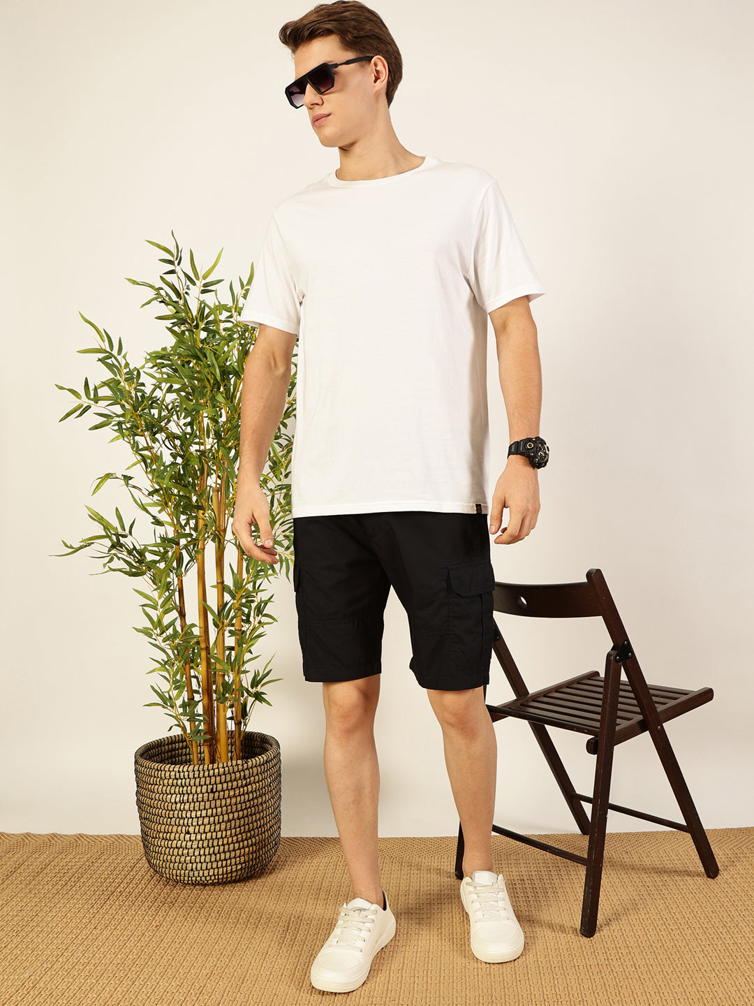 Navy Mid-Rise Regular Fit Solid Woven Cargo Shorts