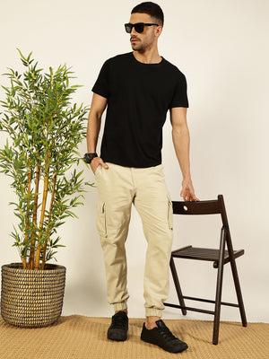 Cream Classic Slim Fit Easy Wash Woven Cargo Trouser For Men
