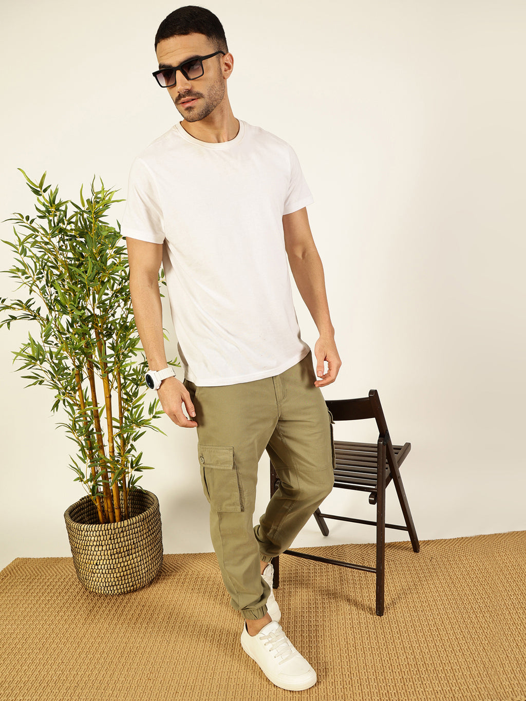 Mint  Classic Regular Fit Easy Wash Cargos Trousers