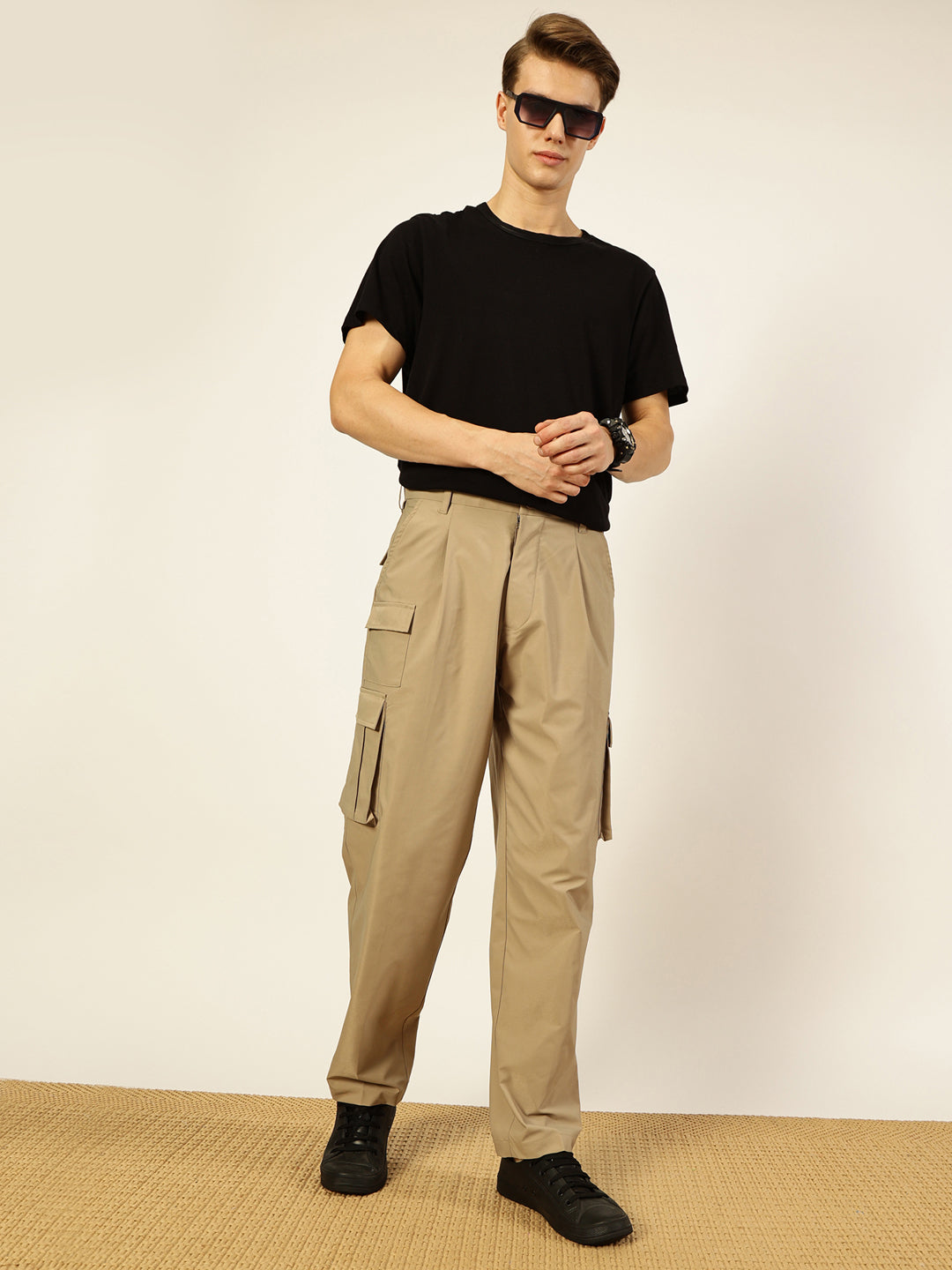 Thomas Scott Men Smart Loose Fit Mid-Rise Easy Wash Pleated Cargos Trousers