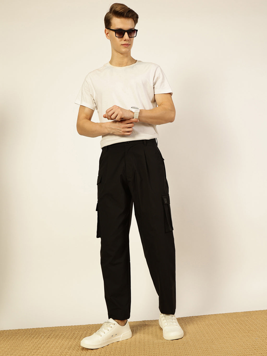 Thomas Scott Men Smart Loose Fit Mid-Rise Easy Wash Pleated Cargos Trousers