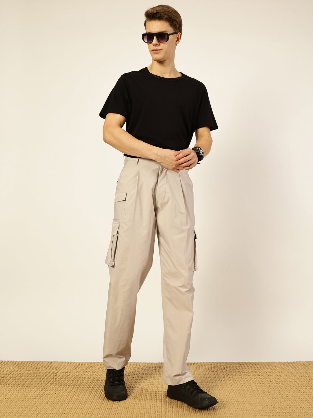Thomas Scott Men Smart Loose Fit Easy Wash Pleated Cargos Trousers