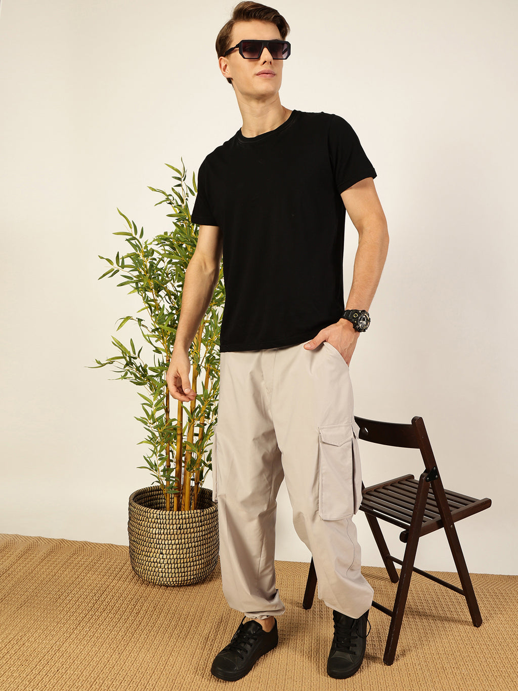 Thomas Scott Men Grey Classic Loose Fit Regular Cargos Trousers