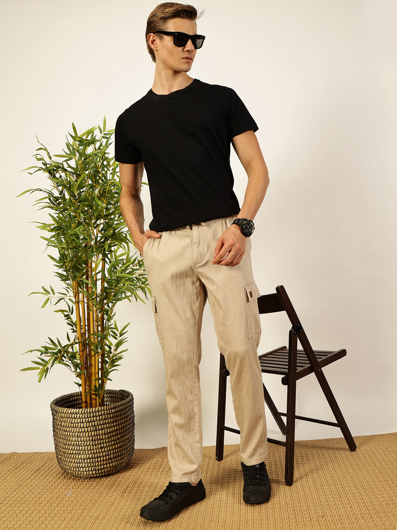 Thomas Scott Men Dark Beige Mid-Rise Straight Fit Cotton Linen Woven Cargos Trouser