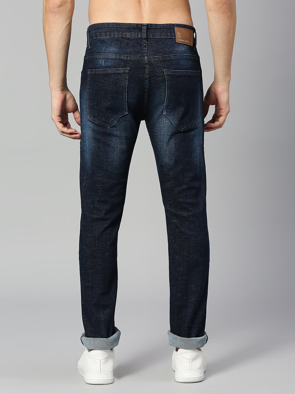 Dark Blue  Navy Blue Smart Slim Fit Low Distress Heavy Fade Stretchable Jeans