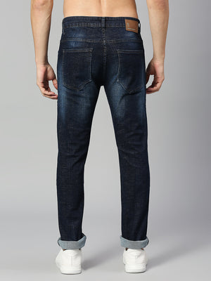Dark Blue  Navy Blue Smart Slim Fit Low Distress Heavy Fade Stretchable Jeans
