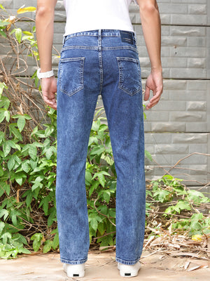 Mid Blue Smart Slim Fit Clean Look Stretchable Jeans For Men