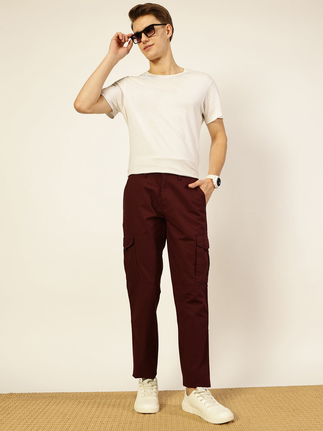 Thomas Scott Men Wine Smart Fit Mid-Rise Cargos Trousers
