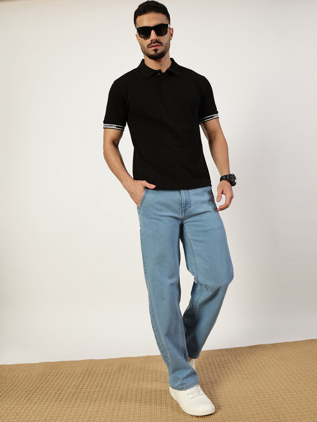 Thomas Scott Men Black Polo Collar Pockets T-shirt