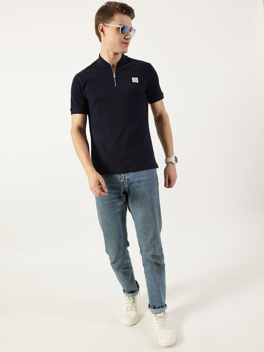 Thomas Scott Men Navy Mandarin Collar T-shirt