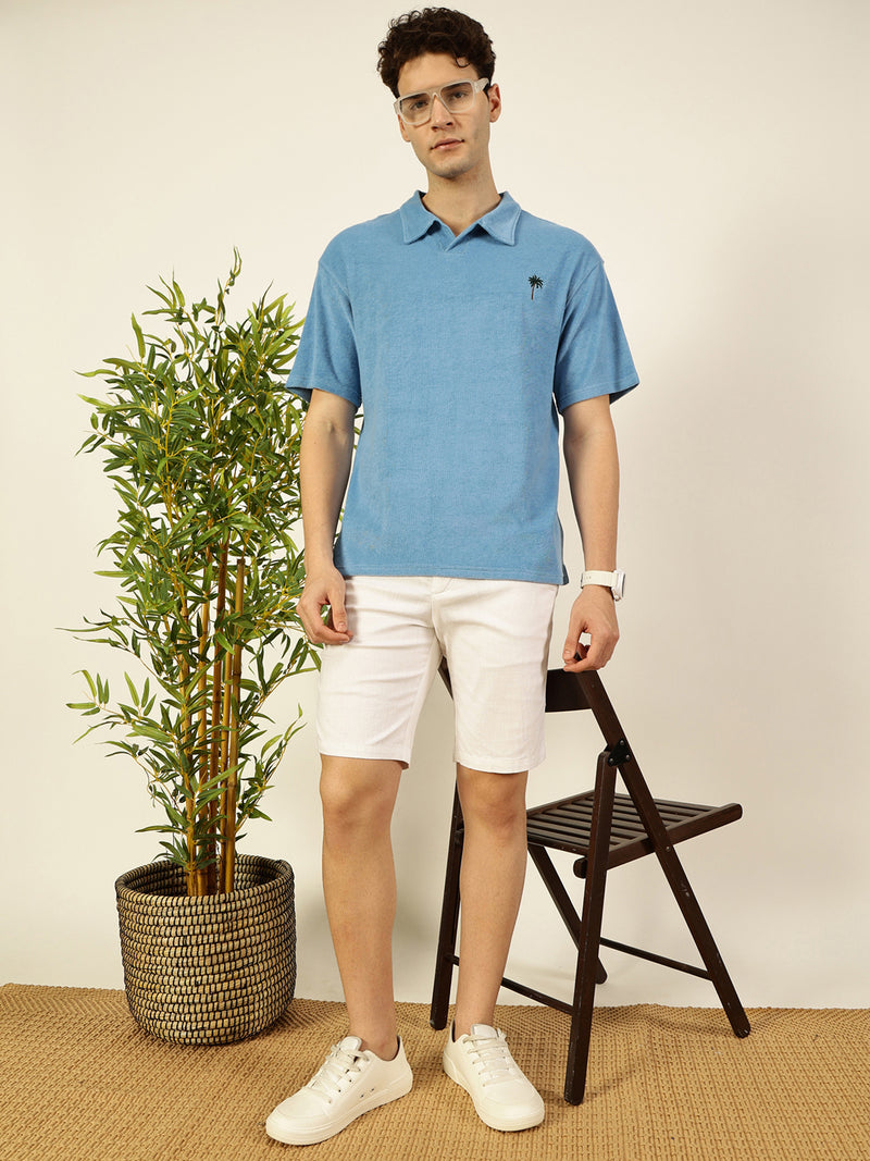 Thomas Scott Men Blue Solid Polo Collar Cotton Relaxed Fit T-Shirt