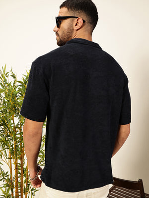 Thomas Scott Men Navy Blue Solid Polo Collar Cotton Relaxed Fit T-shirt
