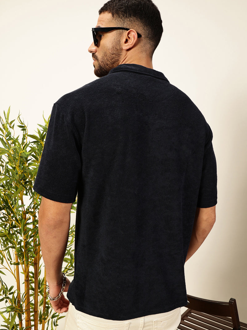 Thomas Scott Men Navy Blue Solid Polo Collar Cotton Relaxed Fit T-shirt