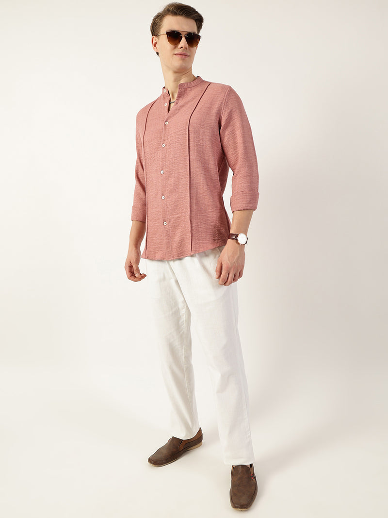 Thomas Scott Men Peach Premium Mandarin Collar Textured Solid Slim Fit Casual Shirt