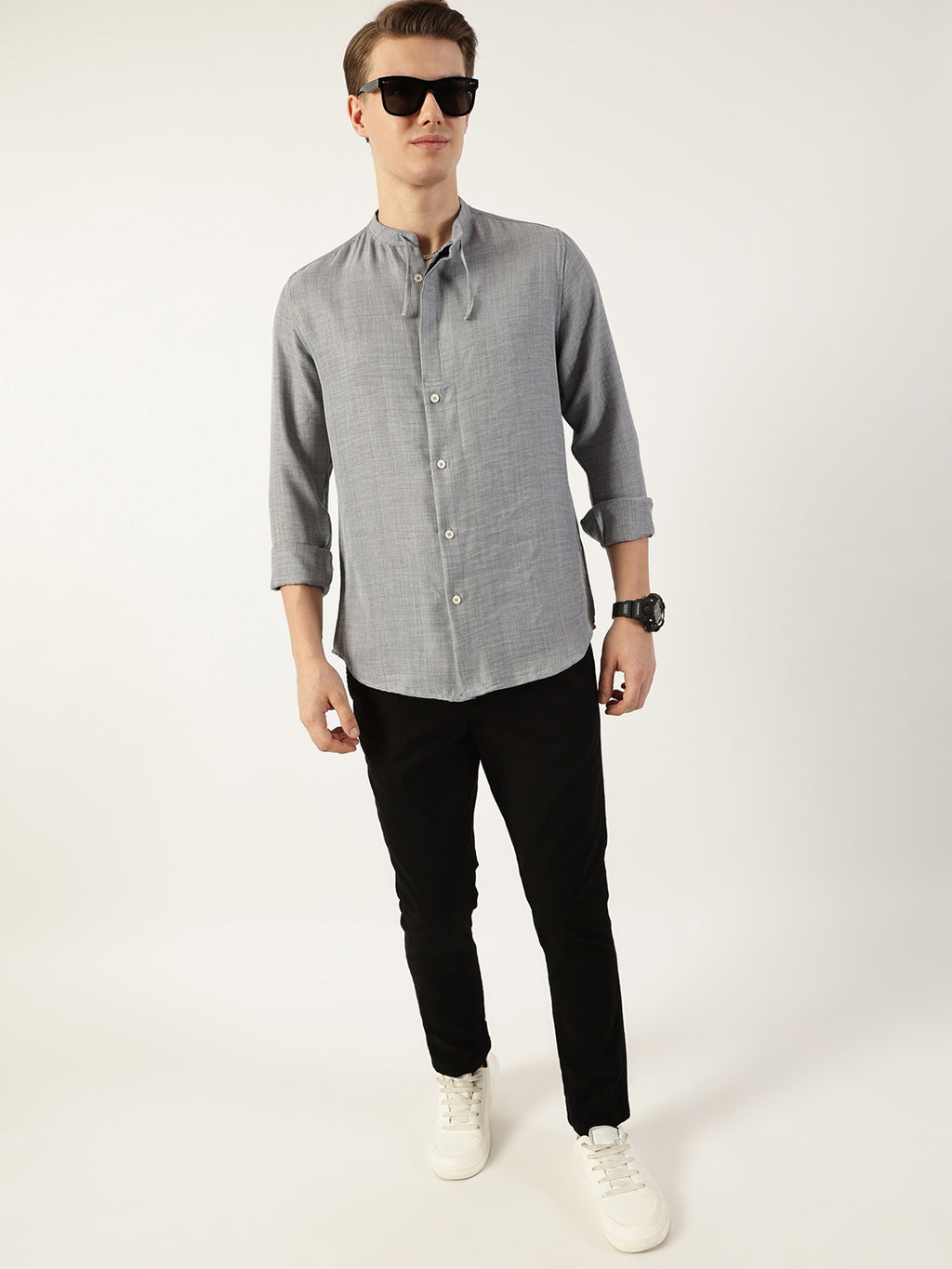 Thomas Scott Men Grey Classic Mandarin Collar Solid Slim Fit Casual Shirt