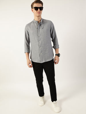 Thomas Scott Men Grey Classic Mandarin Collar Solid Slim Fit Casual Shirt