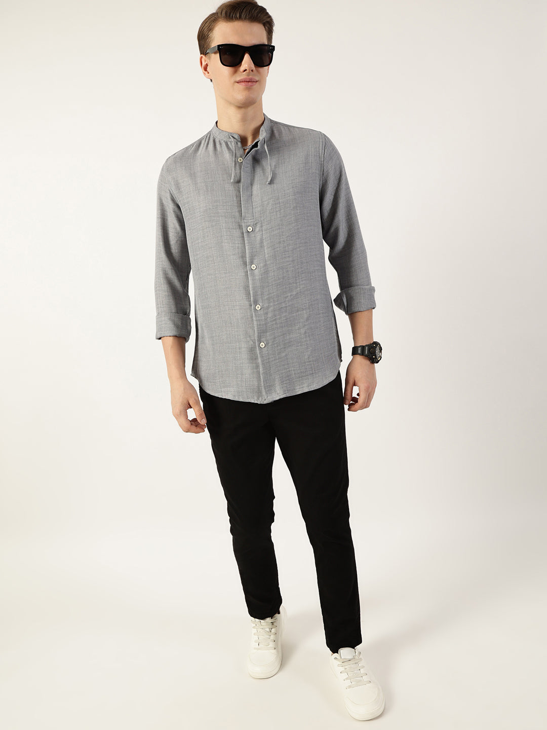 Thomas Scott Men Grey Classic Mandarin Collar Solid Slim Fit Casual Shirt