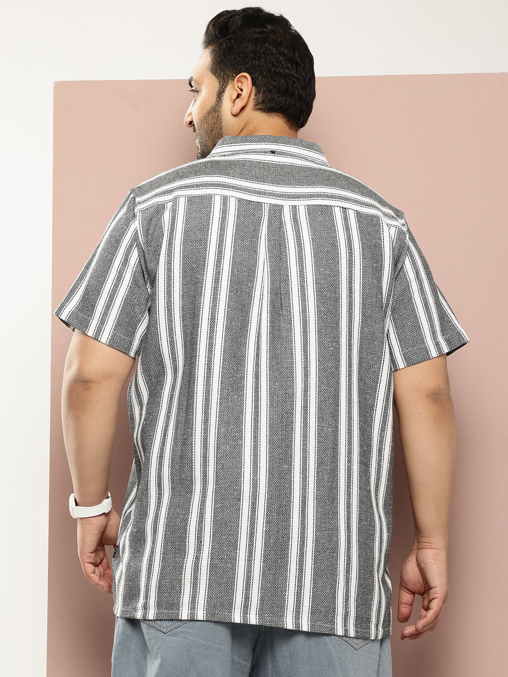 Thomas Scott Men Black Plus Size Premium Striped Pure Cotton Casual Shirt
