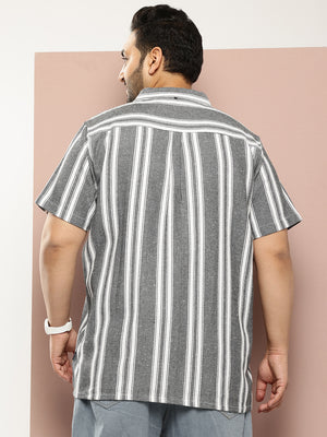 Thomas Scott Men Black Plus Size Premium Striped Pure Cotton Casual Shirt