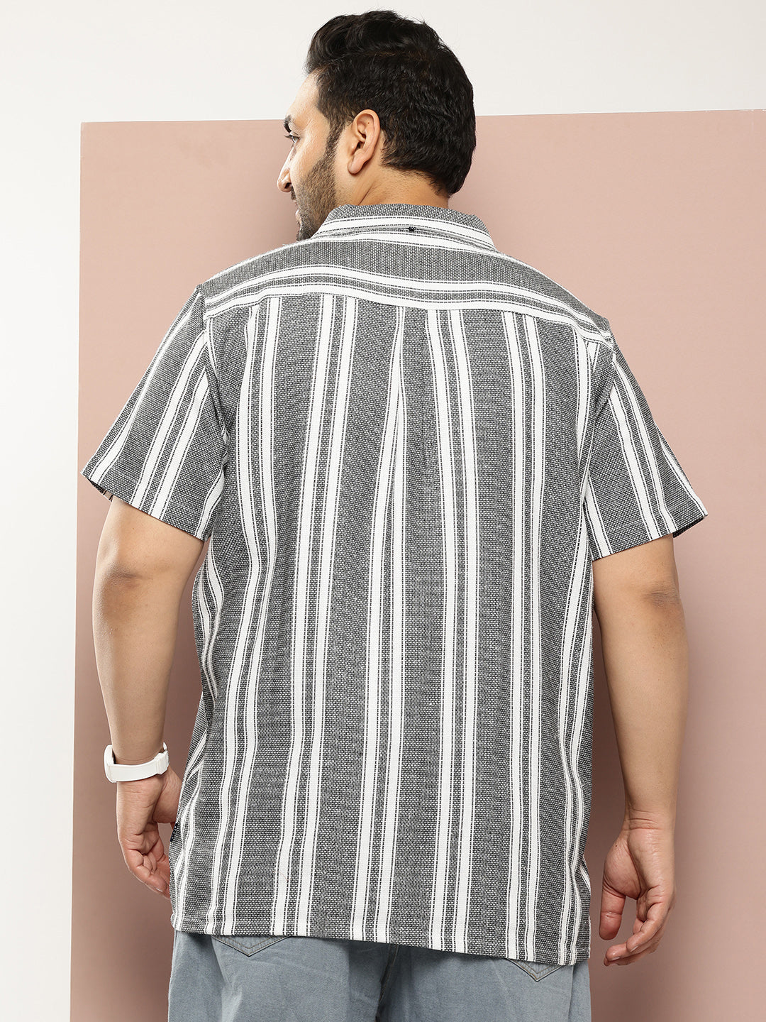 Thomas Scott Men Black Plus Size Premium Striped Pure Cotton Casual Shirt