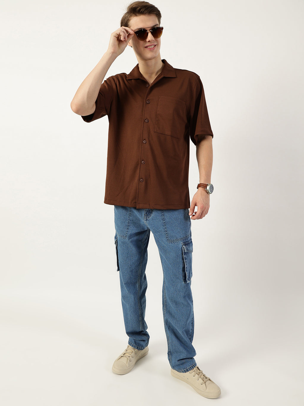 Thomas Scott Men Dark Brown Premium Cuban Collar Textured Cotton Oversized Casual Shirt