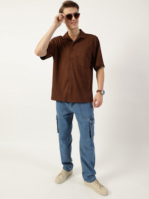 Thomas Scott Men Dark Brown Premium Cuban Collar Textured Cotton Oversized Casual Shirt