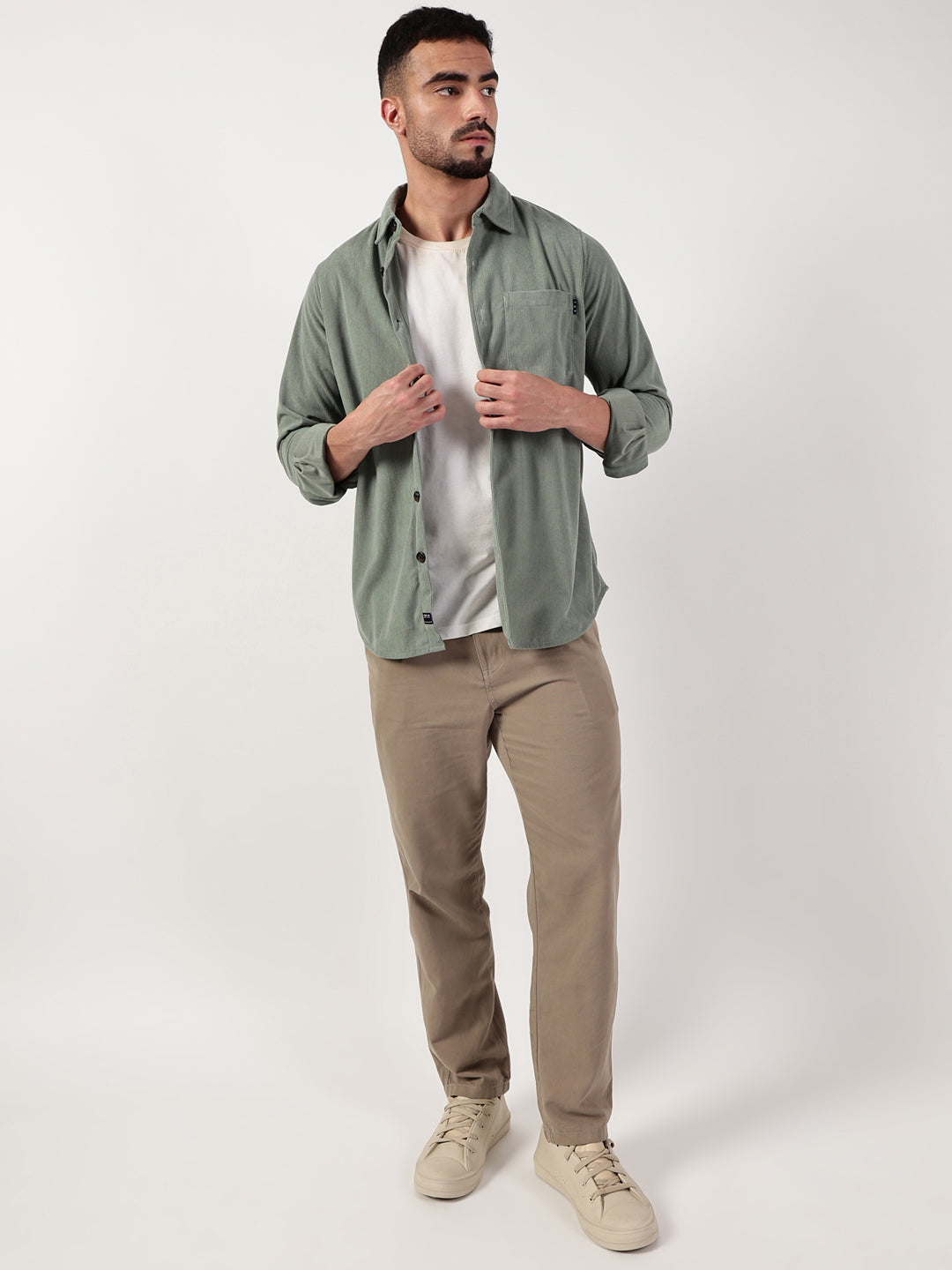 Thomas Scott Men Green Premium Spread Collar Textured Relaxed Fit Casual Shirt