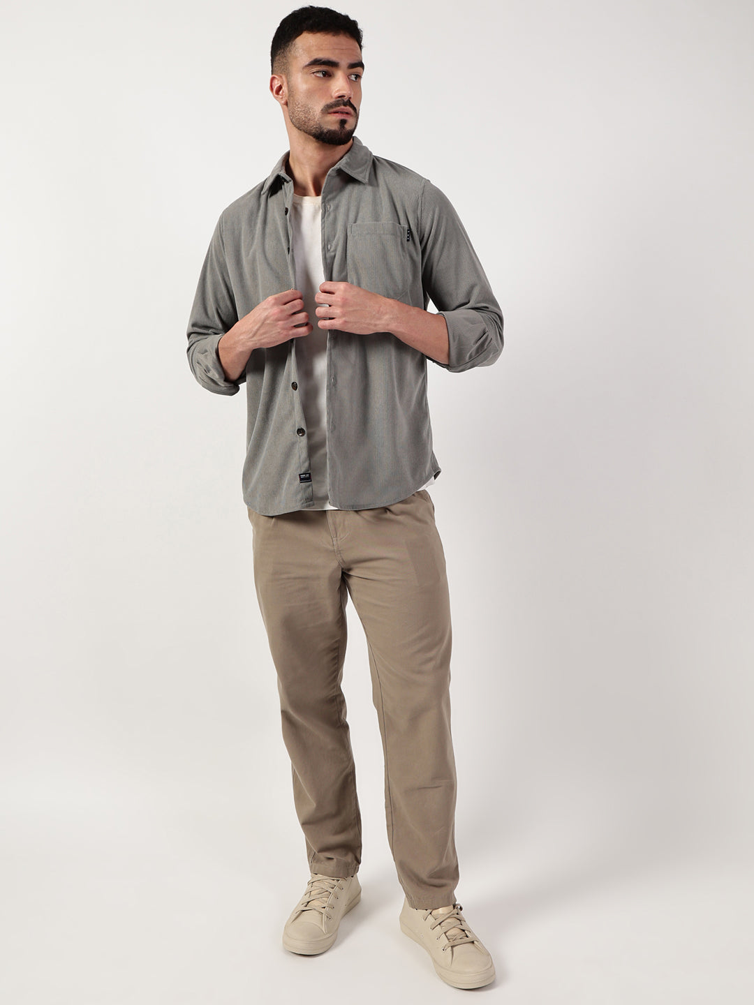 Thomas Scott Men Grey Premium Spread Collar Textured Relaxed Fit Casual Shirt