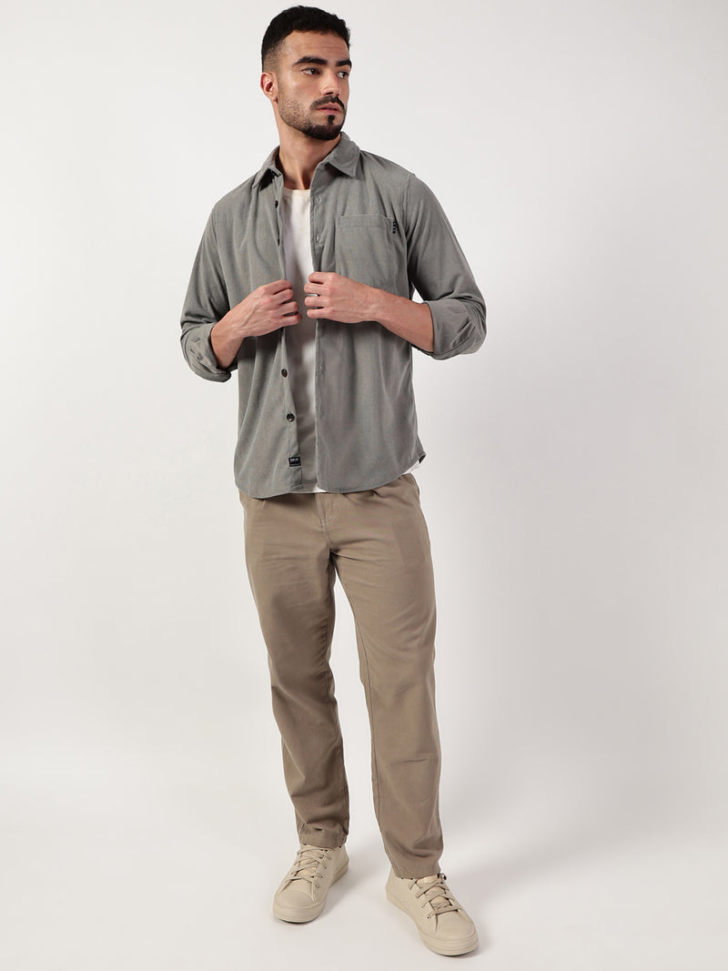 Thomas Scott Men Grey Premium Spread Collar Textured Relaxed Fit Casual Shirt