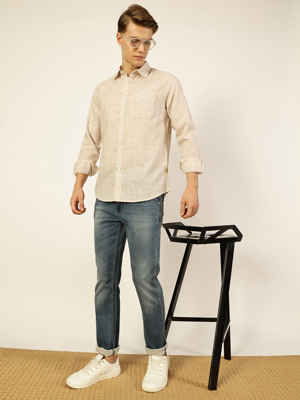 Thomas Scott Men Light Beige Thomas Scott Premium Spread Collar Linen Slim Fit Casual Shirt