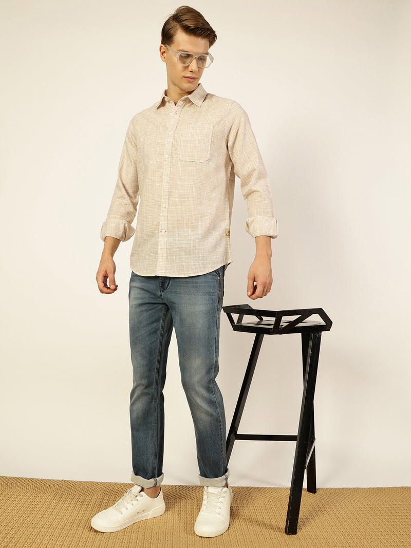 Thomas Scott Men Light Beige Thomas Scott Premium Spread Collar Linen Slim Fit Casual Shirt