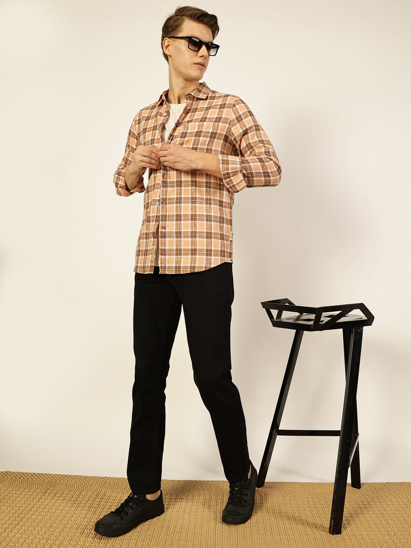 Thomas Scott Men Peach Premium Spread Collar Checked Linen Slim Fit Casual Shirt