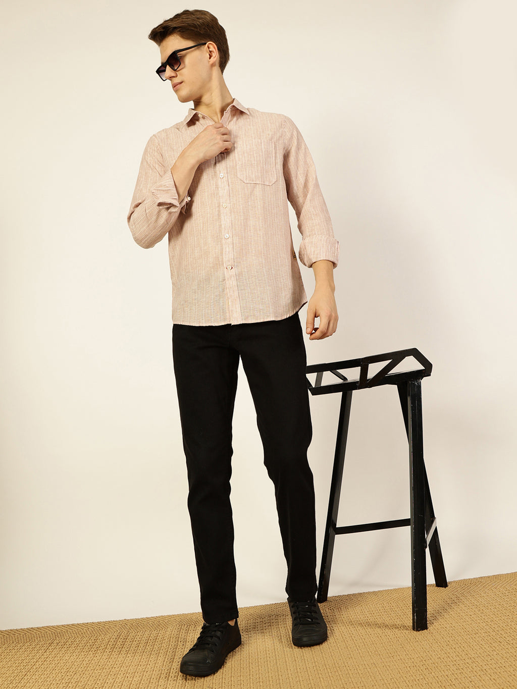 Thomas Scott Men Fawn Premium Spread Collar Solid Linen Slim Fit Casual Shirt