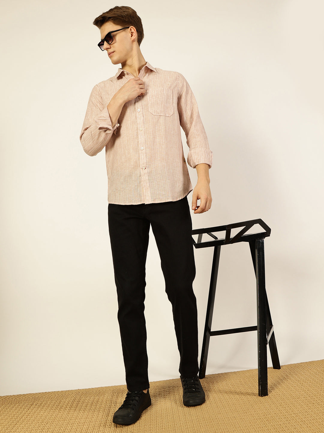 Thomas Scott Men Fawn Premium Spread Collar Solid Linen Slim Fit Casual Shirt