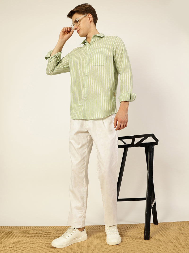 Thomas Scott Men Green Premium Vertical Striped Linen Slim Fit Casual Shirt