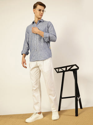 Thomas Scott Men Blue Premium Spread Collar Vertical Striped Linen Slim Fit Casual Shirt