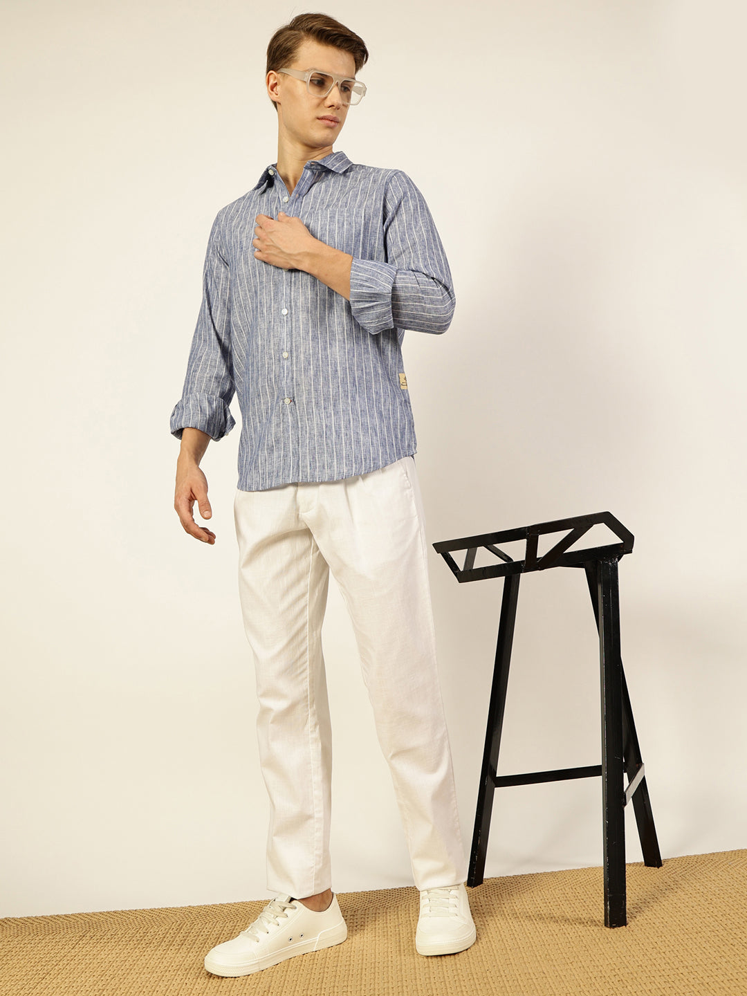 Thomas Scott Men Blue Premium Spread Collar Vertical Striped Linen Slim Fit Casual Shirt