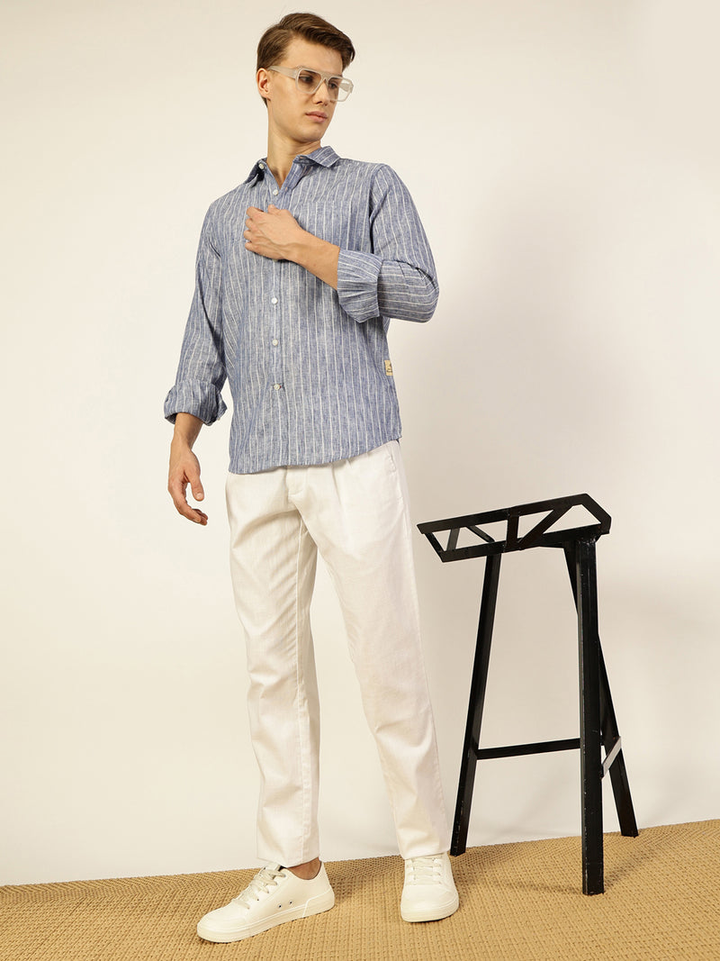 Thomas Scott Men Blue Premium Spread Collar Vertical Striped Linen Slim Fit Casual Shirt
