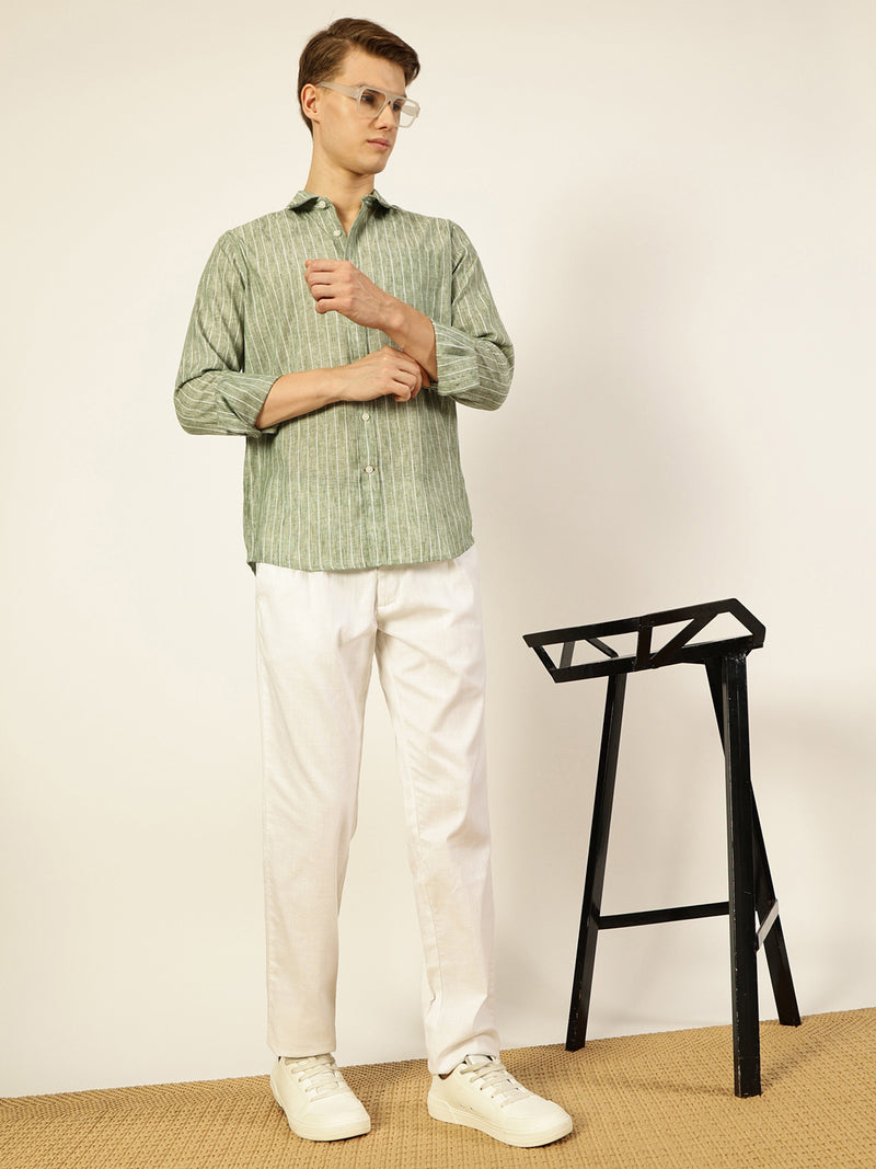 Thomas Scott Men Dark Green Premium Vertical Striped Linen Slim Fit Casual Shirt