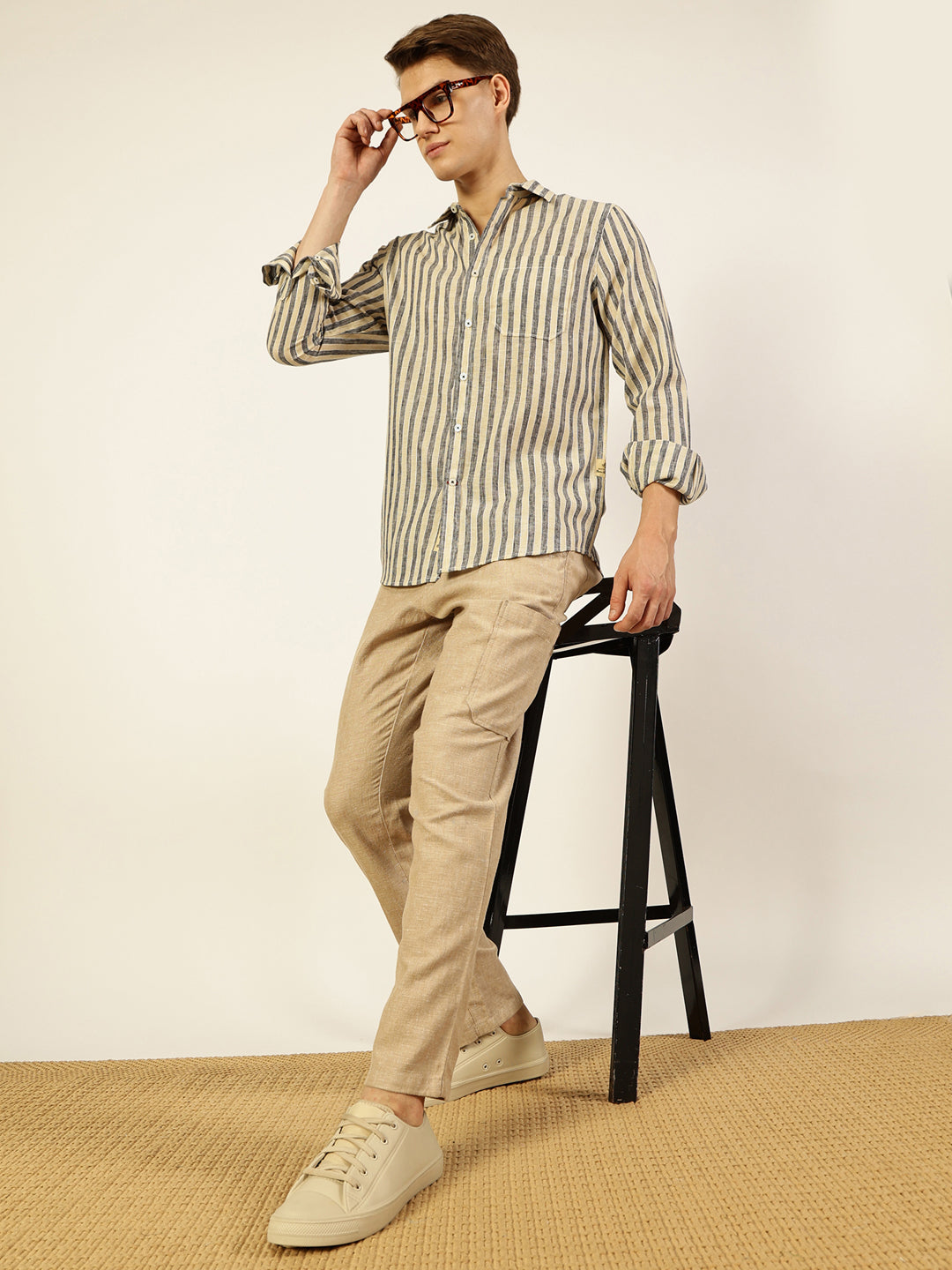 Thomas Scott Men Black Premium Vertical Striped Linen Slim Fit Casual Shirt