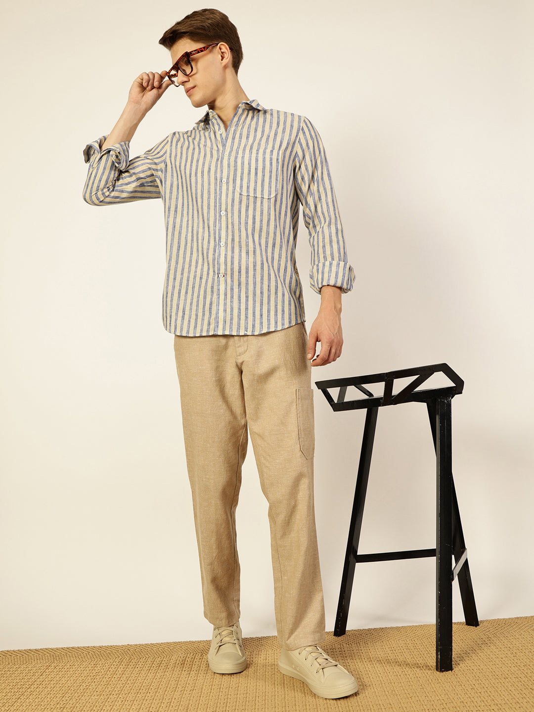 Thomas Scott Men Royal Blue Premium Spread Collar Vertical Striped Linen Slim Fit Casual Shirt