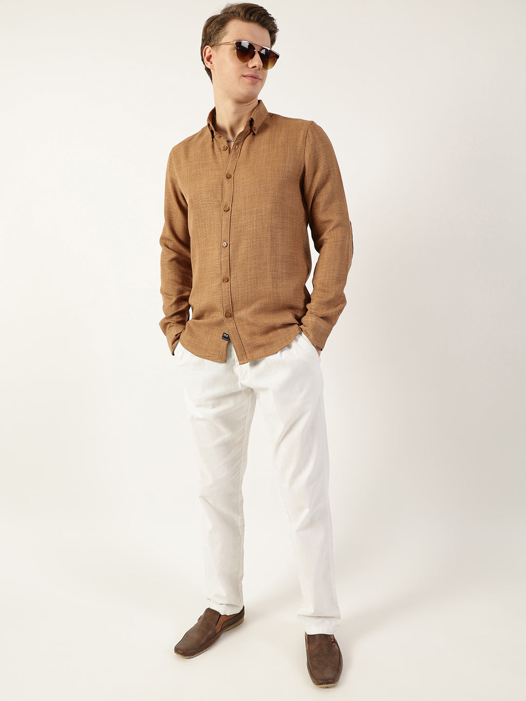 Thomas Scott Men Beige Classic Button-Down Collar Solid Slim Fit Casual Shirt