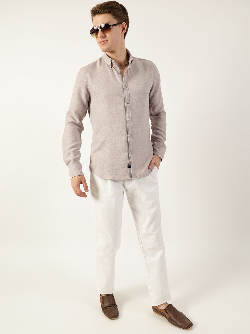 Thomas Scott Men Light Grey Classic Button-Down Collar Solid Slim Fit Casual Shirt