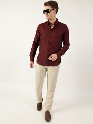 Wine Classic Button-Down Collar Solid Slim Fit Casual Shirt For Men