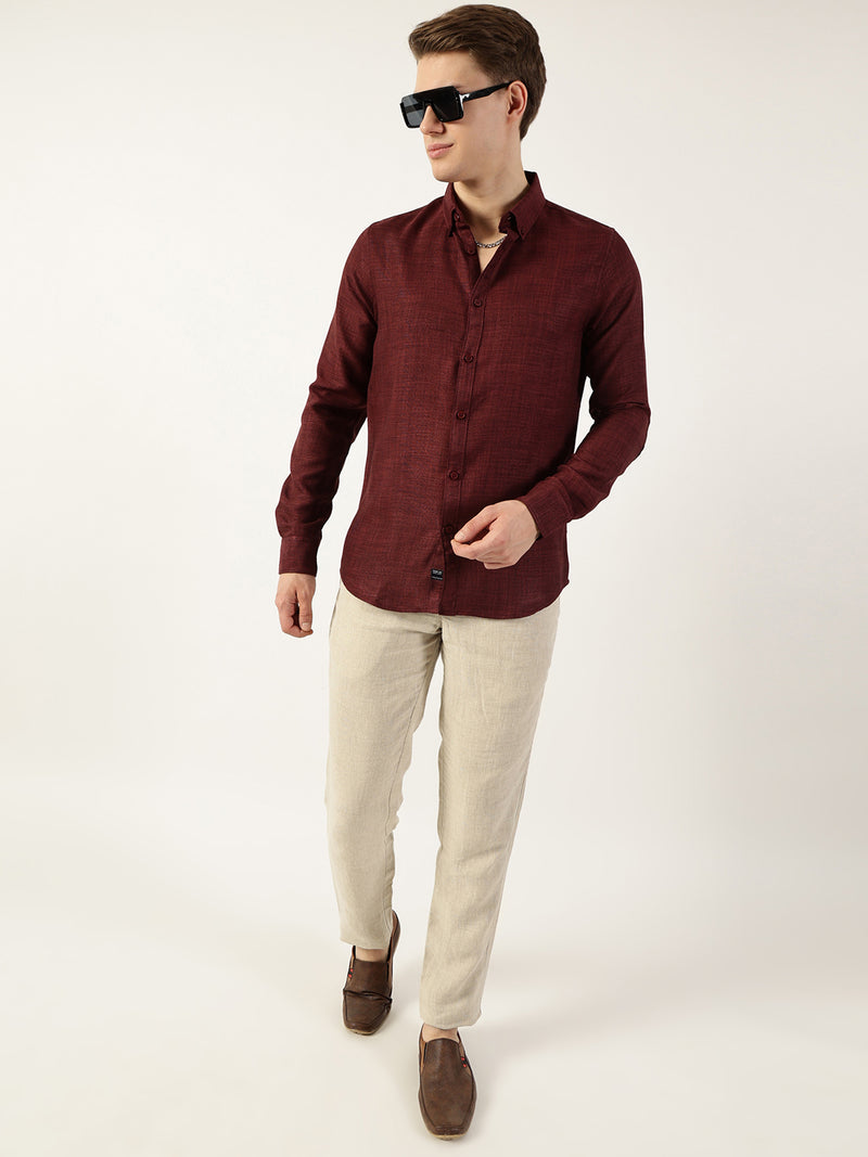 Thomas Scott Men Wine Classic Button-Down Collar Solid Slim Fit Casual Shirt