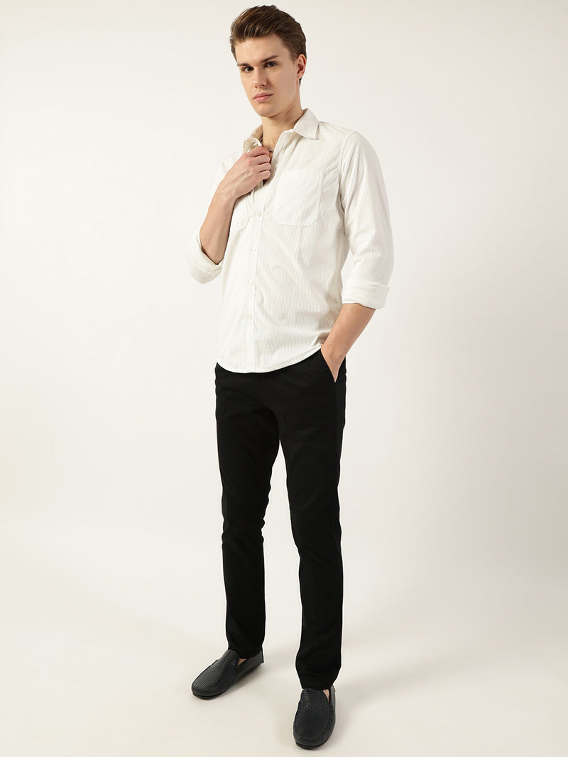 Thomas Scott Men White Classic Spread Collar Textured Slim Fit Casual Shirt