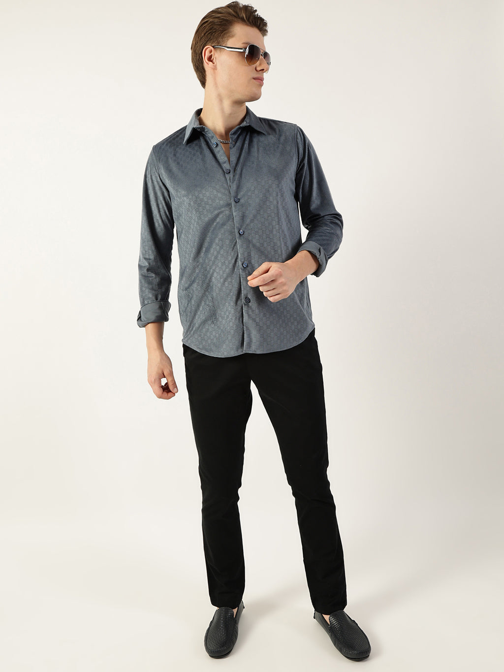 Thomas Scott Men Grey Classic Spread Collar Textured Solid Slim Fit Casual Shirt