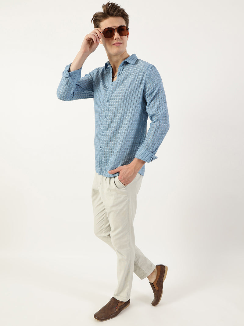 Thomas Scott Men Blue Premium Spread Collar Textured Solid Slim Fit Casual Shirt