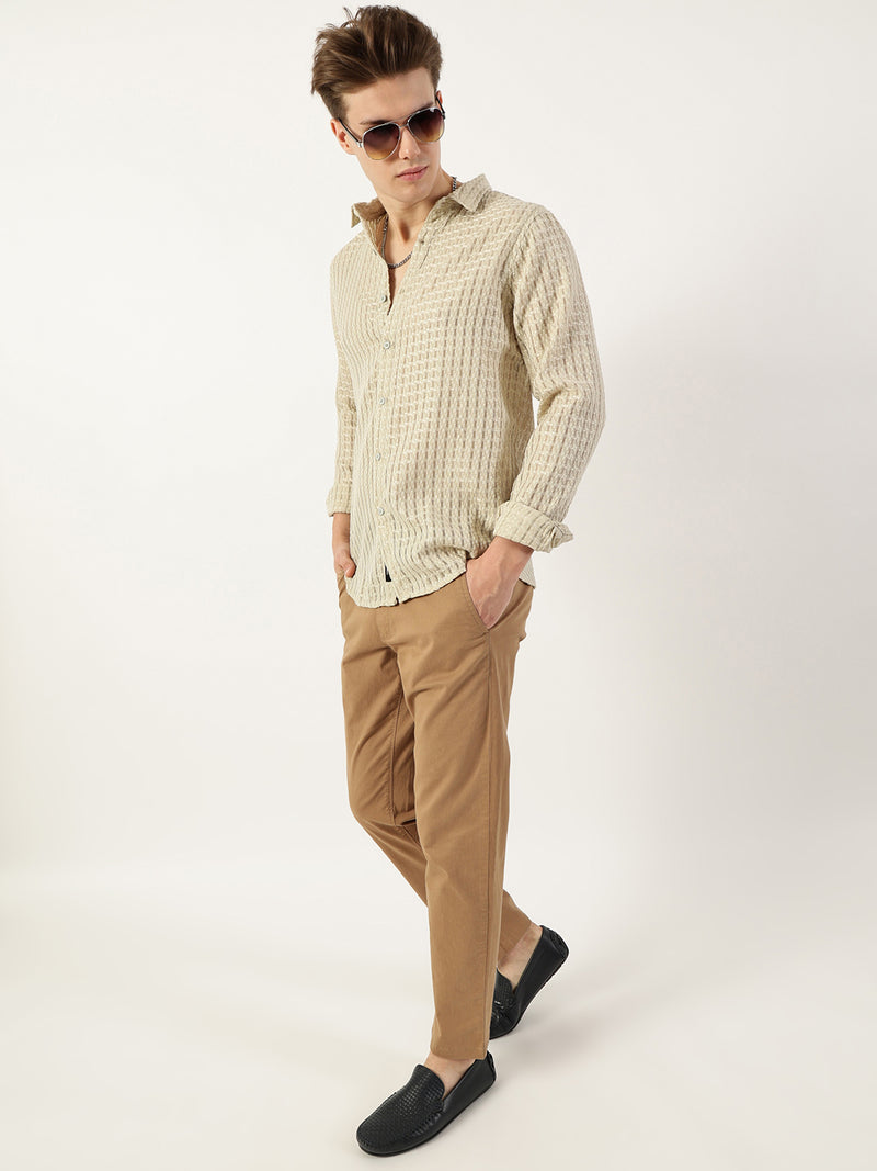 Thomas Scott Men Light Green Premium Spread Collar Textured Solid Slim Fit Casual Shirt
